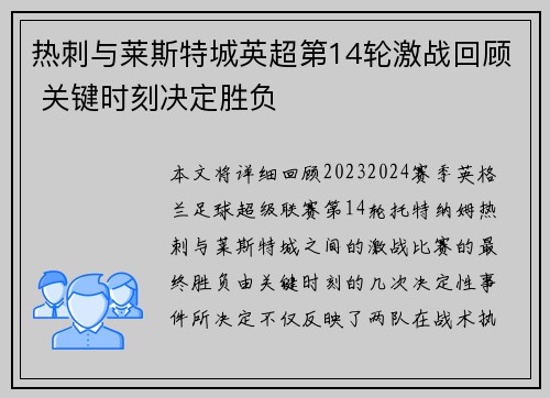 热刺与莱斯特城英超第14轮激战回顾 关键时刻决定胜负