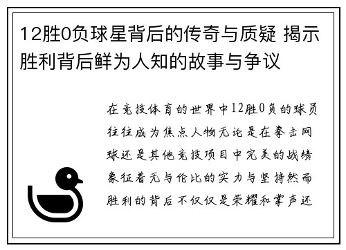 12胜0负球星背后的传奇与质疑 揭示胜利背后鲜为人知的故事与争议
